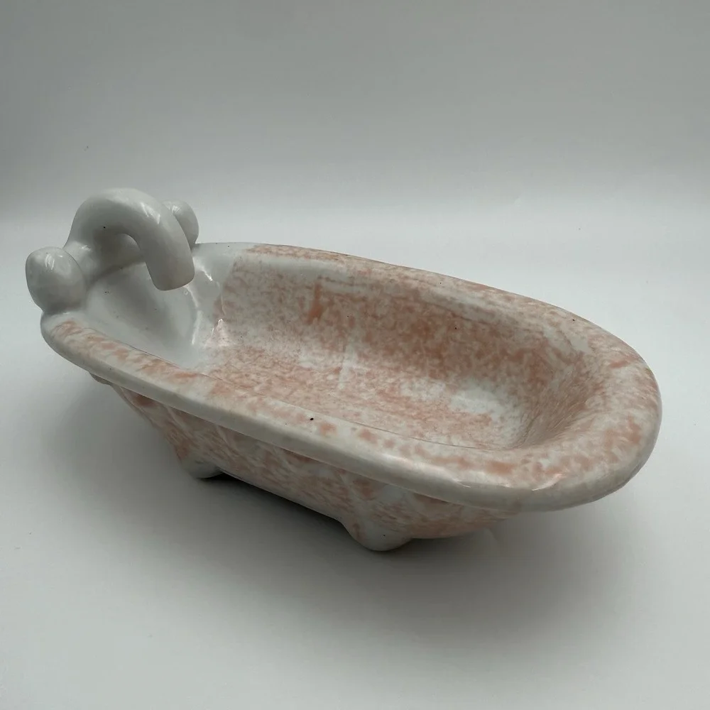 Vtg Ceramic Bathtub Pink Soap Sponge Dish Cottage Farmhouse Trinket & Shell Soap